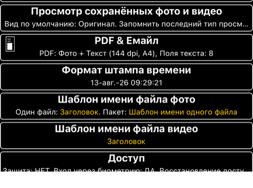 Текущие строки настроек штампа времени и шаблонов имён файлов