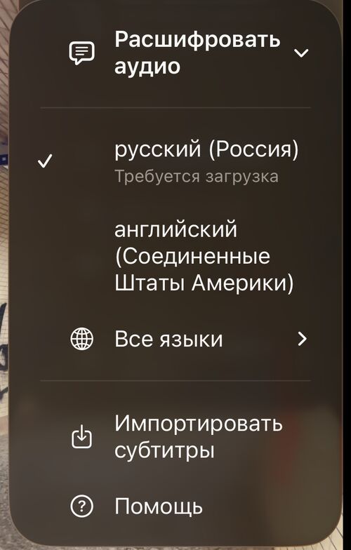 Список языков расшифровки: сначала свои языки, затем Все языки, Импортировать субтитры и Помощь