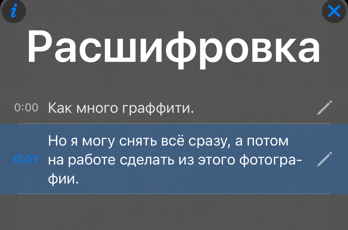 Панель расшифровки: по строке на фразу с отметкой времени, текущая строка подсвечена