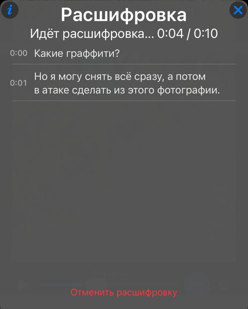 Идущая расшифровка: распознанные строки появляются в панели, прогресс показан относительно длительности видео, ниже — действие Отменить расшифровку