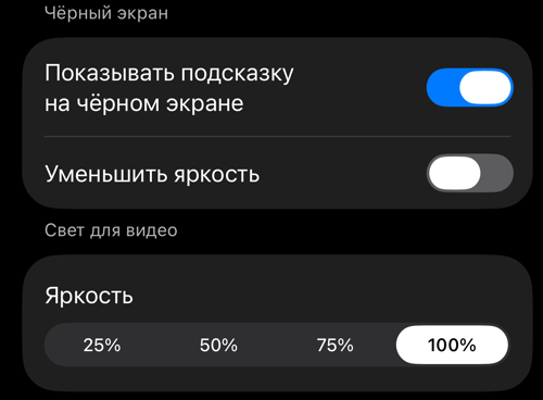 Настройки Управления видоискателем: разделы Чёрный экран и Свет для видео