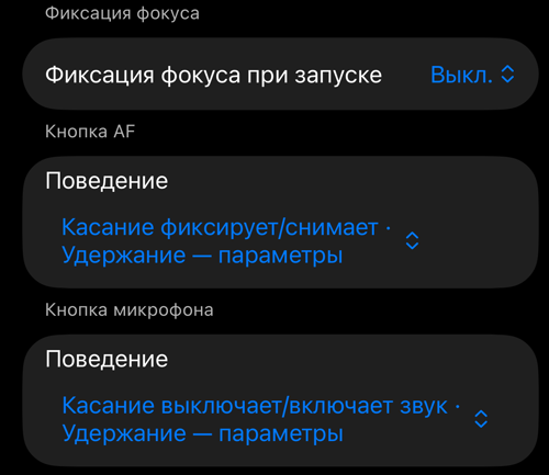 Настройки Управления видоискателем: разделы Фиксация фокуса при запуске, Кнопка AF и Кнопка микрофона