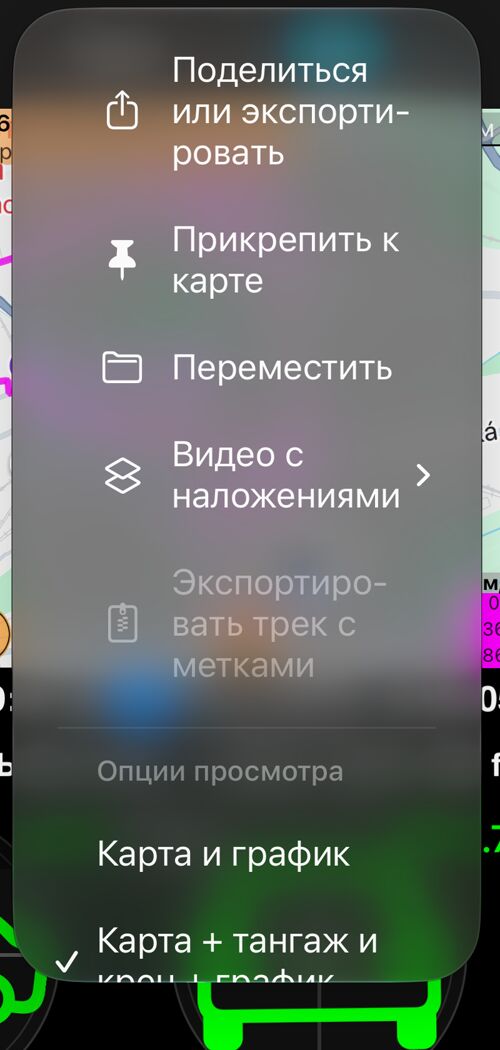 Меню «Ещё» на экране трека: «Поделиться или экспортировать», «Прикрепить к карте», «Переместить», «Видео с наложениями» и раздел «Опции просмотра» с выбранным «Карта + тангаж и крен + график»