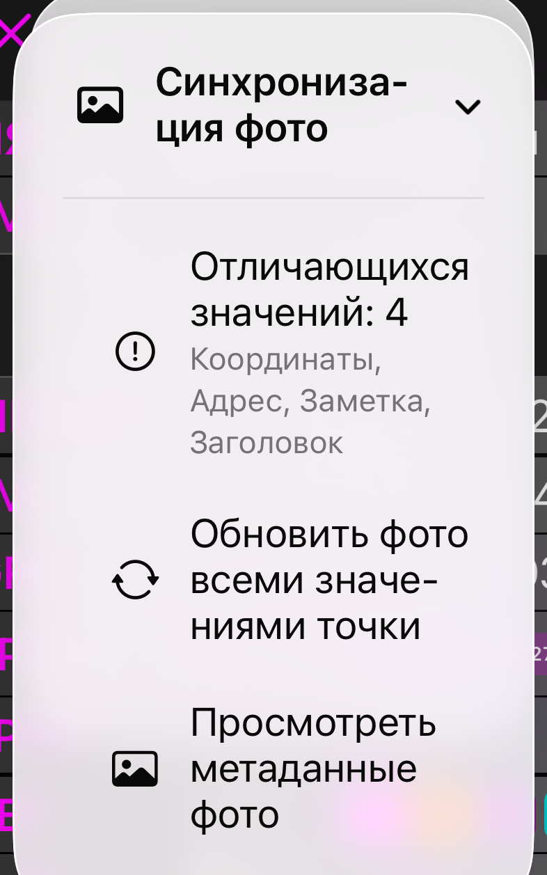 Меню Синхронизация фото: строка состояния «3 значения отличаются», Обновить фото всеми значениями точки и Просмотреть метаданные фото