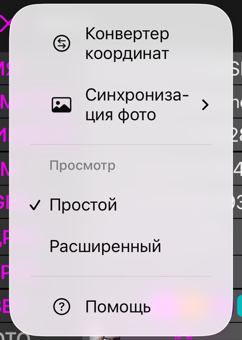 Меню Ещё в редакторе метки: Конвертер координат, Синхронизация фото, раздел Вид с отмеченным Простым и Расширенным под ним, и Помощь