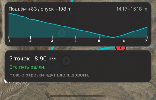 Полоса профиля рельефа с набором и сбросом высоты, диапазоном высот и номерами точек над карточкой состояния