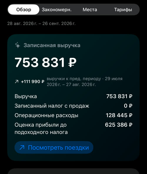 Главная цифра с учётом расходов: выручка 753 831 ₽, записанный налог с продаж 0 ₽, операционные расходы 128 445 ₽, оценка прибыли до подоходного налога 625 386 ₽