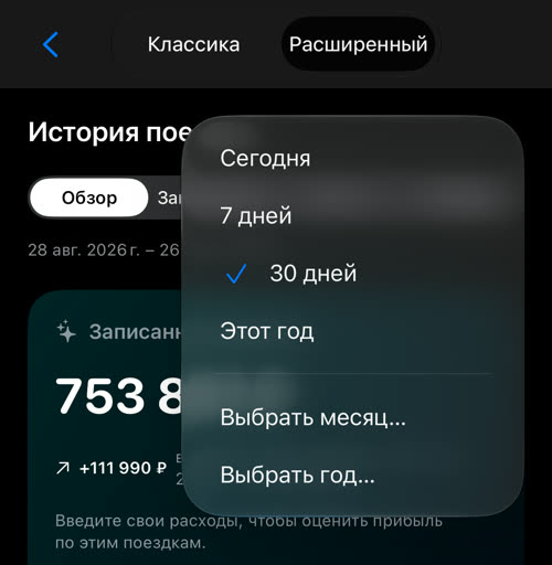 Меню периода: Сегодня, 7 дней, 30 дней, Этот год, Выбрать месяц и Выбрать год
