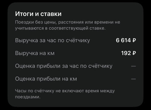 Итоги и ставки: выручка за час по счётчику 6 614 ₽ и выручка на км 192 ₽; строки оценки прибыли пустуют, пока не введены расходы