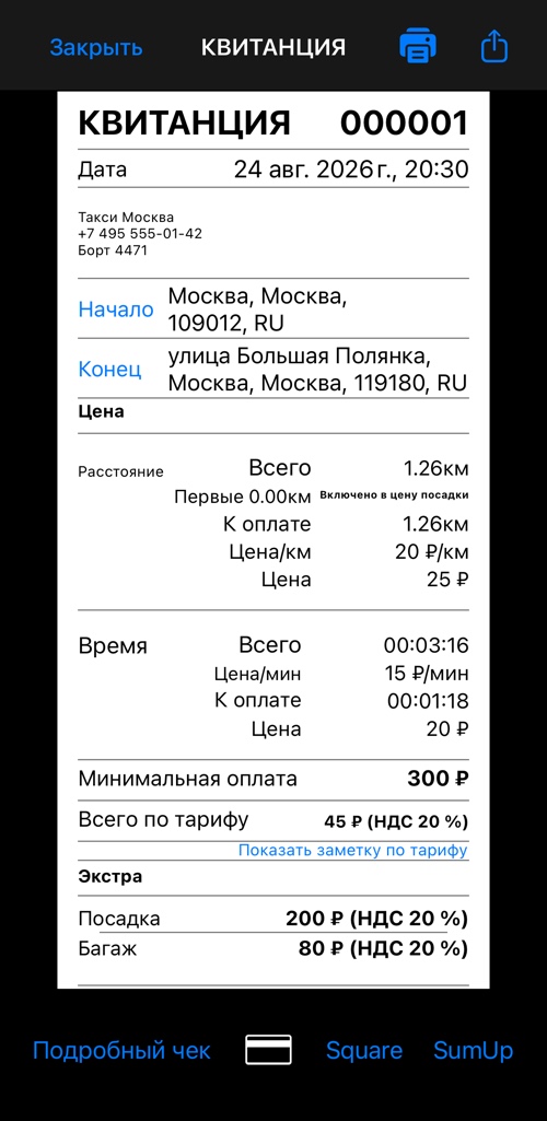 Верхняя часть подробного чека: заголовок, компания, начало и конец, начало расшифровки тарифа