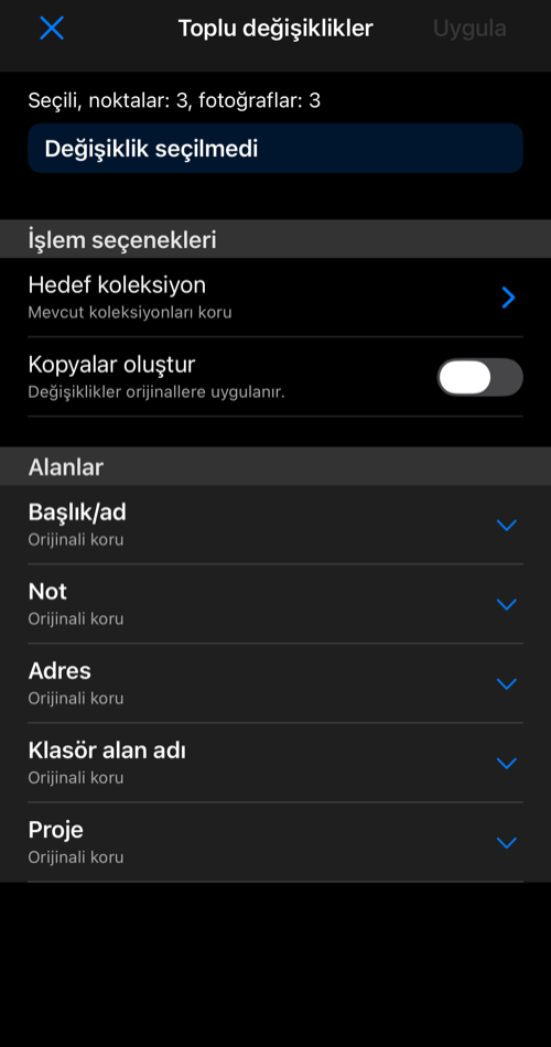 Seçili nokta ve fotoğraf sayısı, işlem seçenekleri ve kapalı alanları gösteren toplu değişiklik ekranı