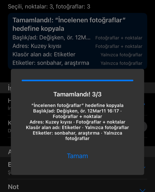 Seçili fotoğraf ve noktalar kopyalandıktan sonra 3/3 tamamlandı gösteren panel