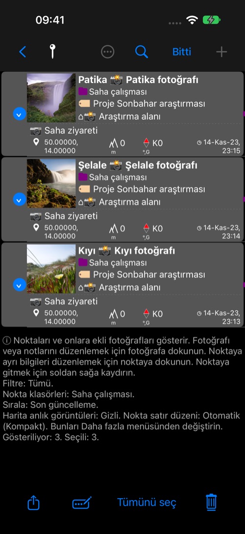 Nokta listesinde fotoğraflı üç nokta seçili; ok, alt çubuktaki Seçilenleri değiştir düğmesini gösteriyor