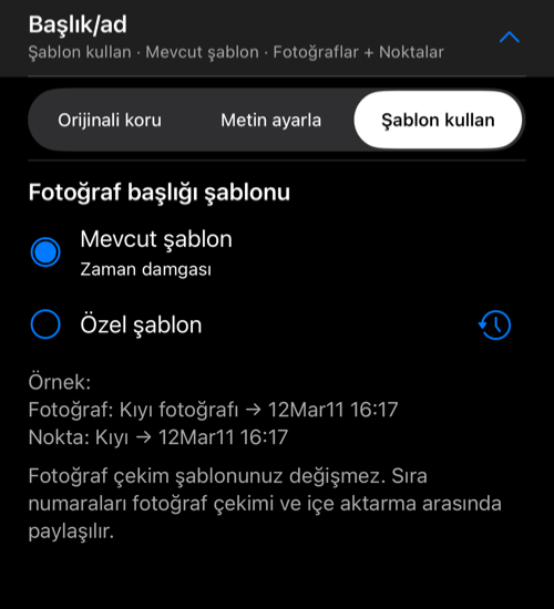 Başlık/ad alanı açık; geçerli ve özel şablon seçenekleri ile örnek başlık görünüyor