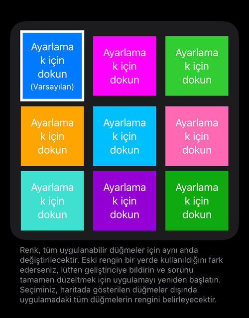 Dokuz renk karesi, öntanımlı olan işaretli, altında açıklama