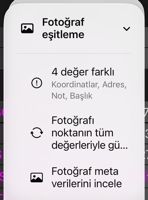 Fotoğraf eşitleme menüsü: 3 değer farklı yazan bir durum satırı, Fotoğrafı noktanın tüm değerleriyle güncelle ve Fotoğraf meta verilerini gözden geçir