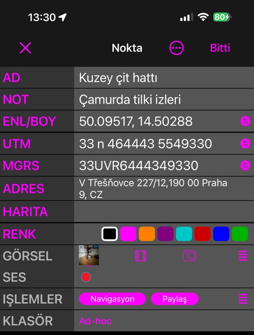 Nokta düzenleyici Basit görünümde: AD, NOT, ENL/BOY, UTM, MGRS, ADRES, HARITA, RENK, GÖRSEL, SES, İŞLEMLER ve KLASÖR — her biri bir satır