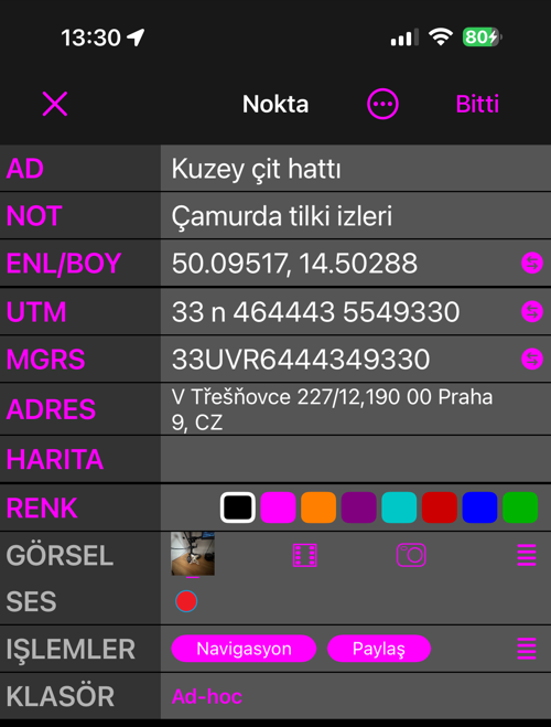 Nokta düzenleyici Basit görünümde: AD, NOT, ENL/BOY, UTM, MGRS, ADRES, HARITA, RENK, GÖRSEL, SES, İŞLEMLER ve KLASÖR — her biri bir satır