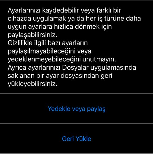 Uygulama ayarlarını yönet: açıklama, altında «Yedekle veya paylaş» ve «Geri Yükle»