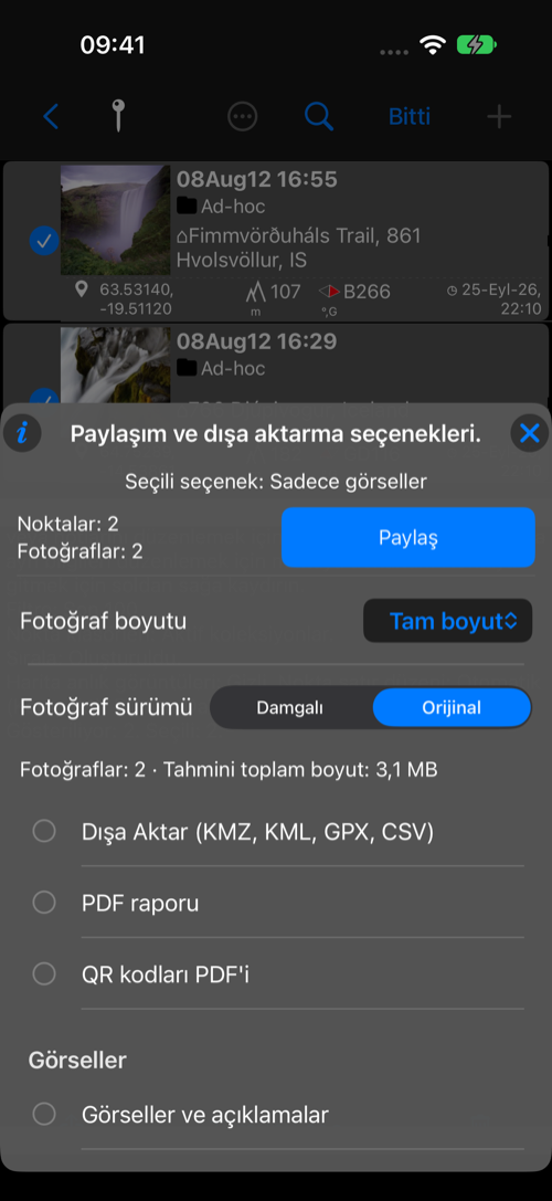 Seçilen iki fotoğraflı nokta ve tahmini boyut