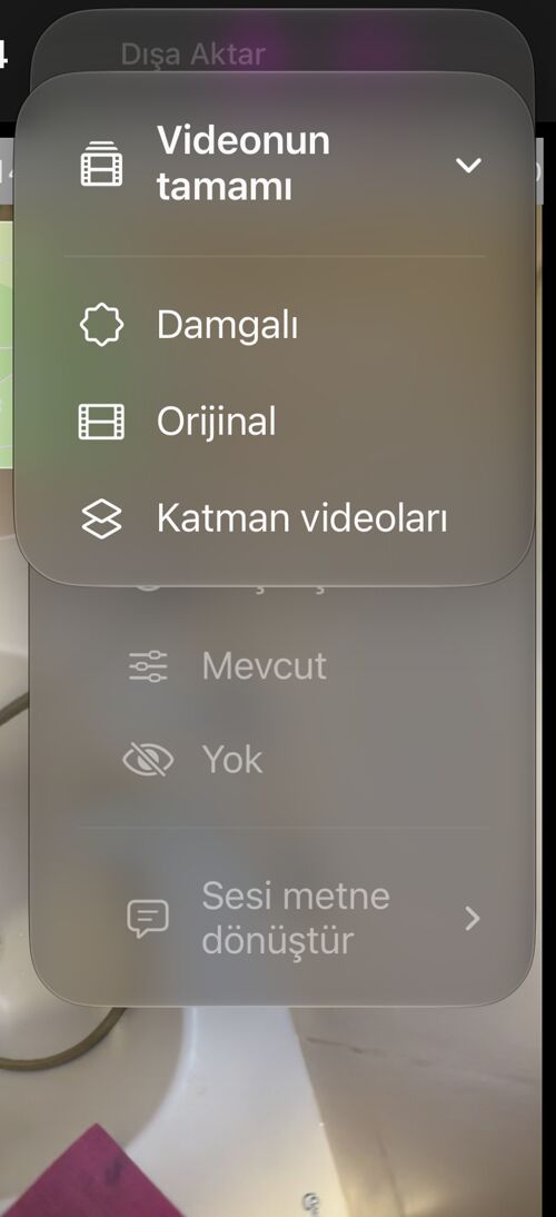 Kayıtlı bir videonun “Videonun tamamı” menüsü: “Damgalı”, “Orijinal” ve “Katman videoları”