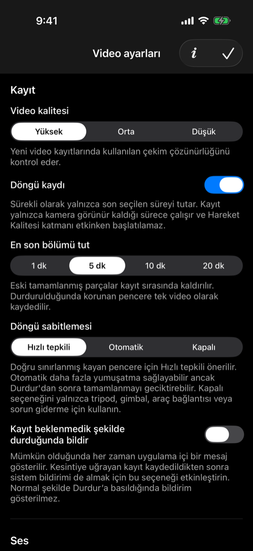 Yüksek kalite ve beş dakikalık hızlı tepkili döngü kaydı seçilmiş Video ayarları