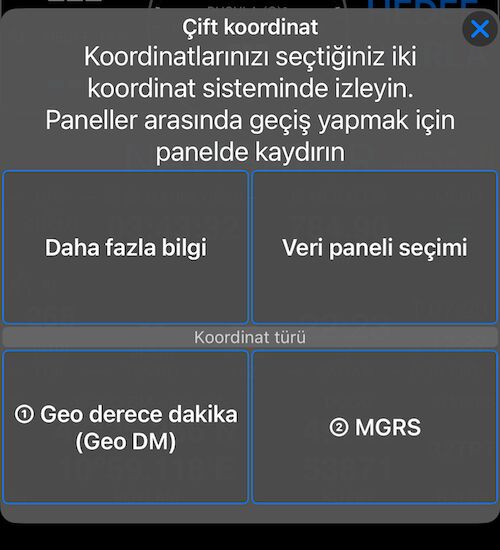 Çift koordinat seçenekler menüsü