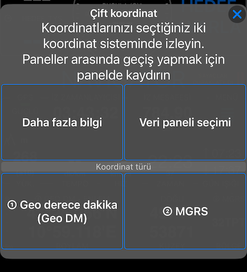 Çift koordinat seçenekler menüsü