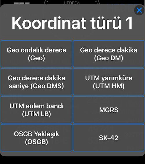 8 formatın tümünü gösteren koordinat türü seçici