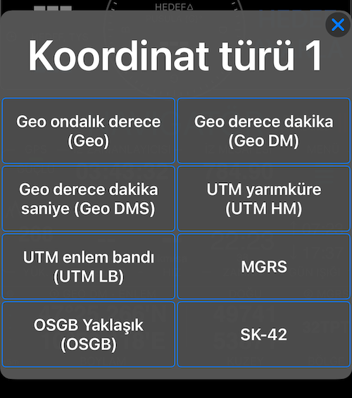 8 formatın tümünü gösteren koordinat türü seçici