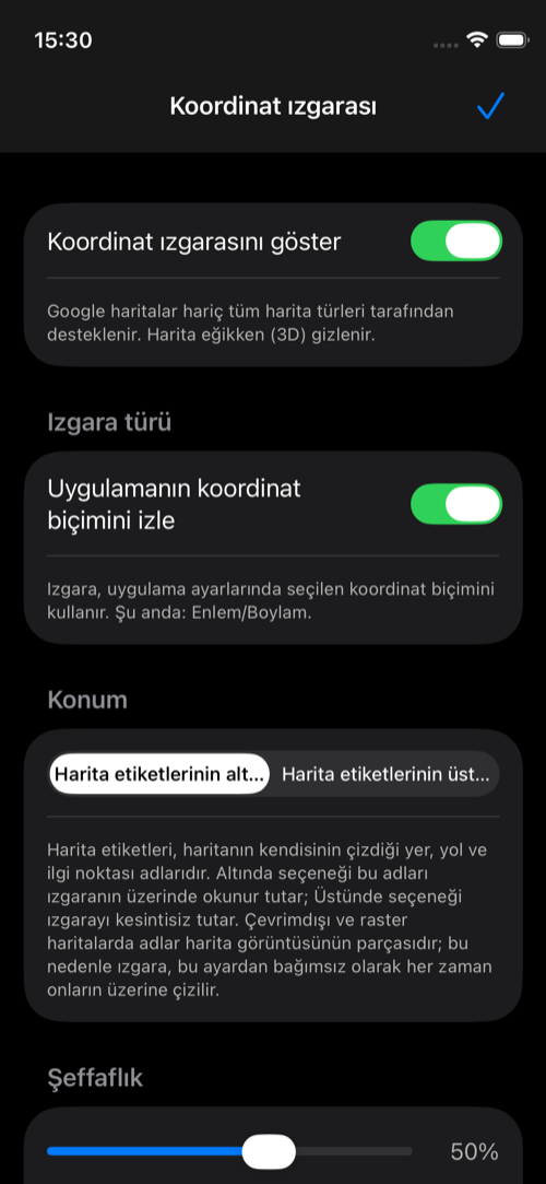 Izgara açık, otomatik biçim takibi, etiket konumu ve şeffaflık ayarları gösterilen koordinat ızgarası ekranı