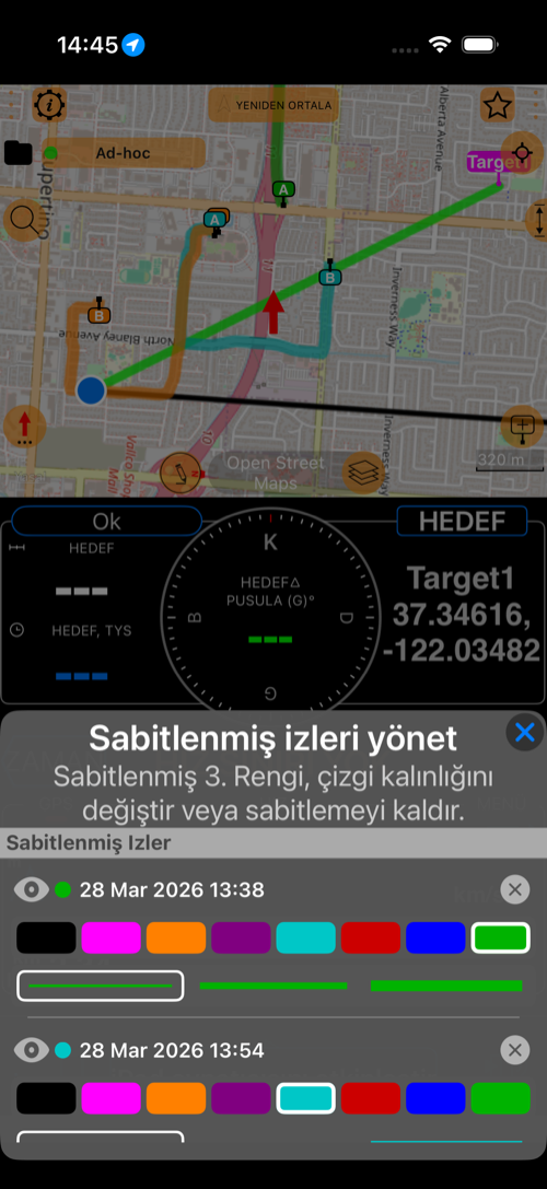 Harita üzerinde sabitlenmiş izleri yönet