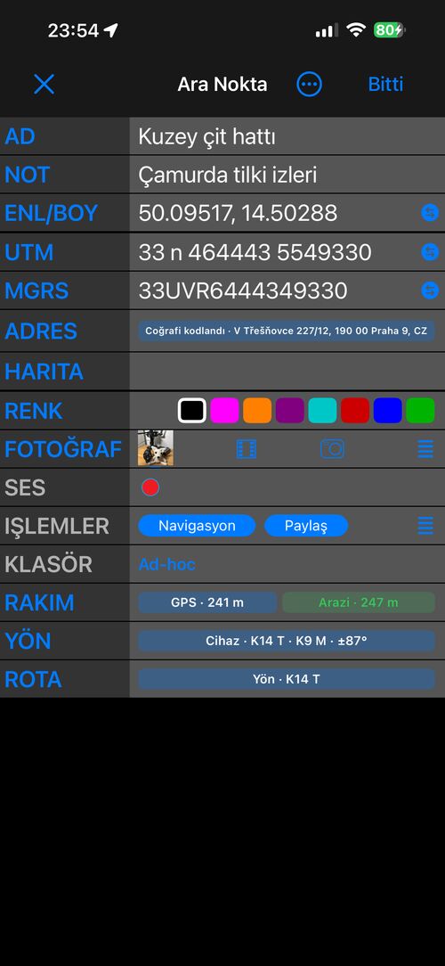 Ara Nokta düzenleyici Gelişmiş görünümde, listenin sonunda Yükseklik, Yön ve Rota ile