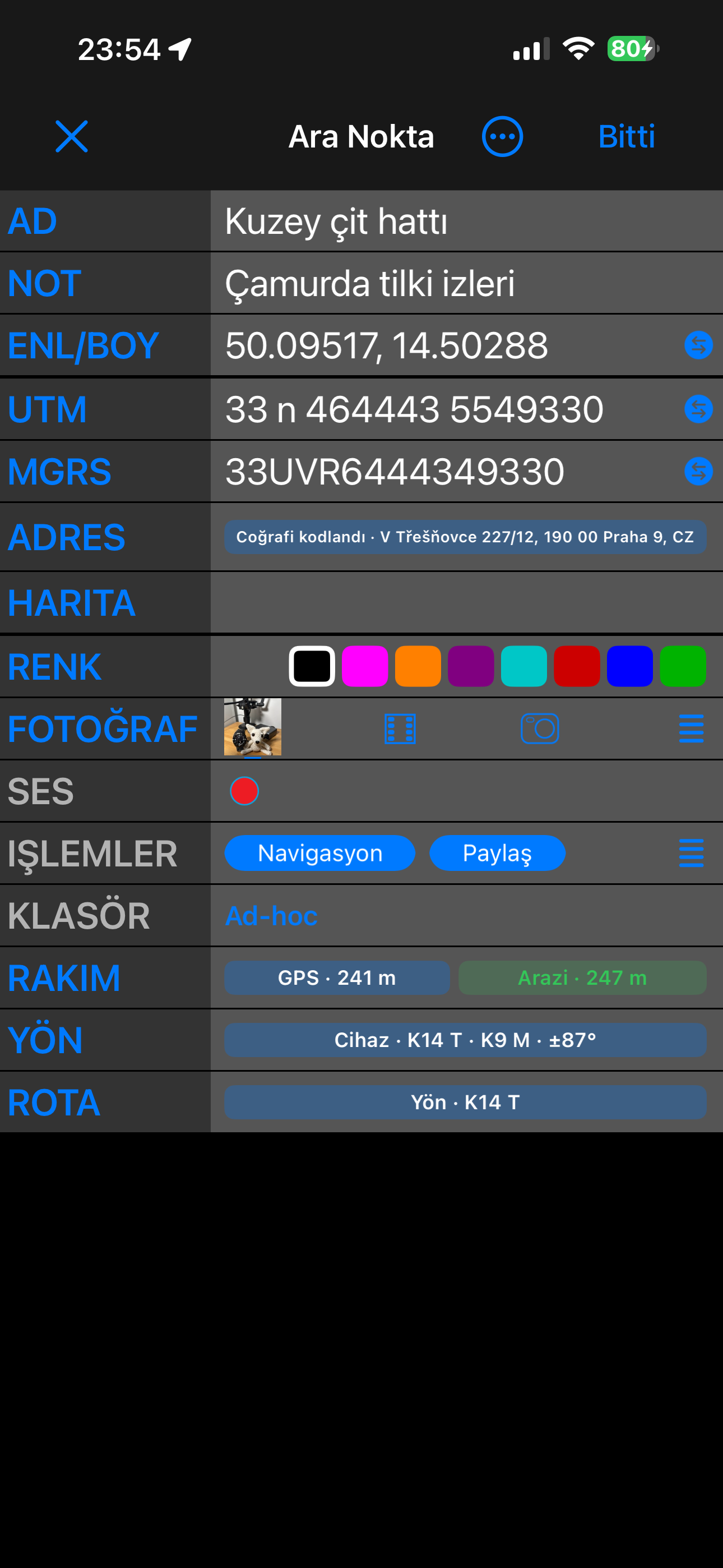 Ara Nokta düzenleyici Gelişmiş görünümde, listenin sonunda Yükseklik, Yön ve Rota ile