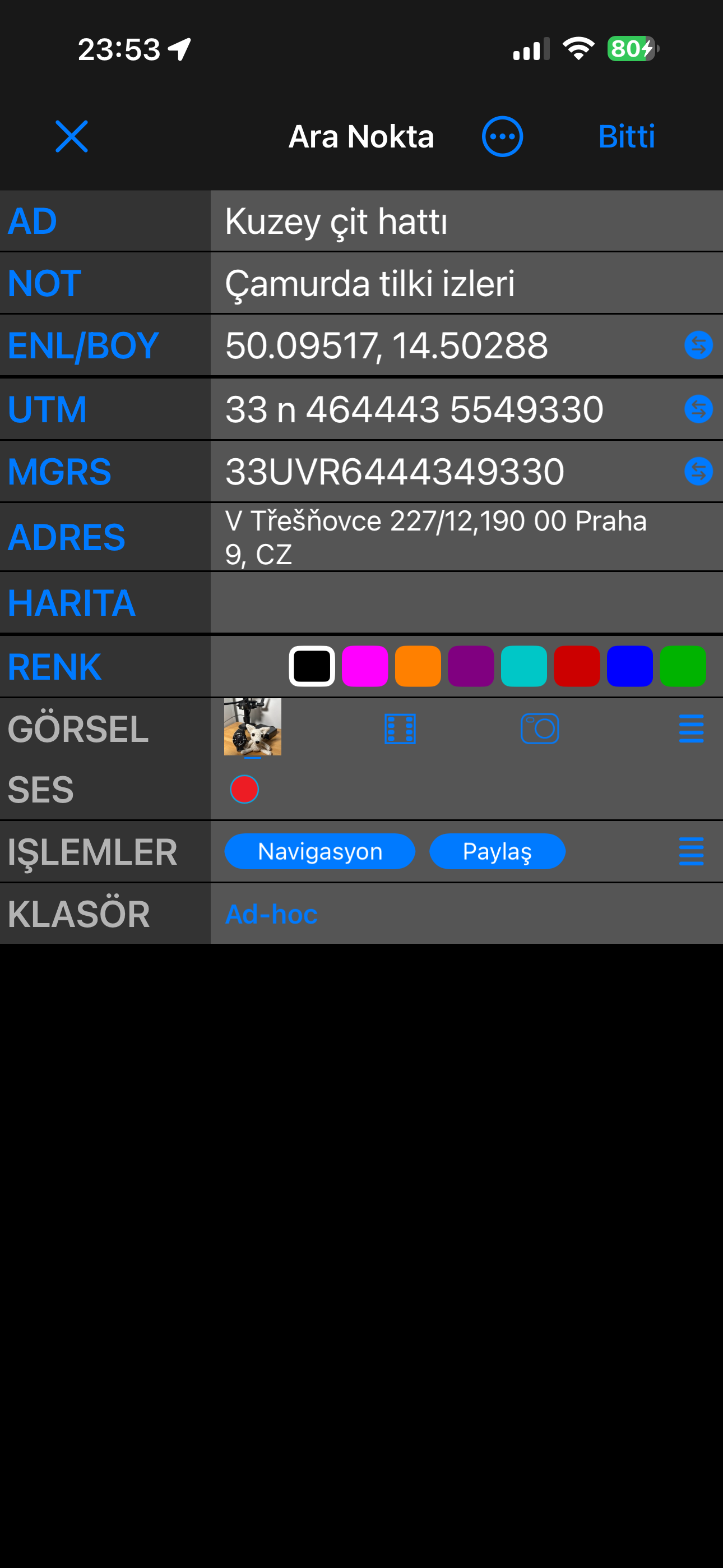 Ara Nokta düzenleyici Basit görünümde: AD, NOT, ENL/BOY, UTM, MGRS, ADRES, HARITA, RENK, GÖRSEL, SES, İŞLEMLER ve KLASÖR — her biri bir satır