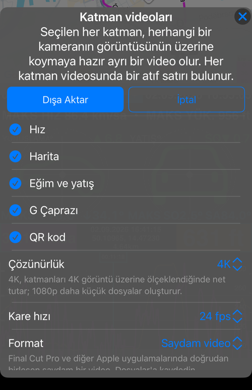 Bir parkur için katman videoları seçenekleri: “Hız”, “Harita”, “Eğim ve yatış”, “G Çaprazı” ve “QR kod” seçili; altında “Çözünürlük”, “Kare hızı” ve “Format”