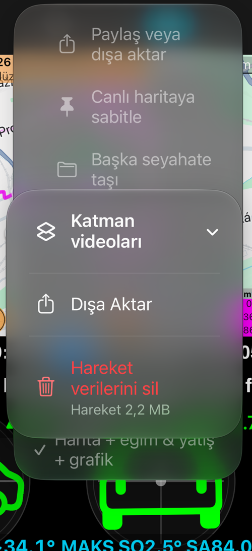 “Katman videoları” alt menüsü: “Dışa Aktar” ve boyutuyla birlikte “Hareket verilerini sil”