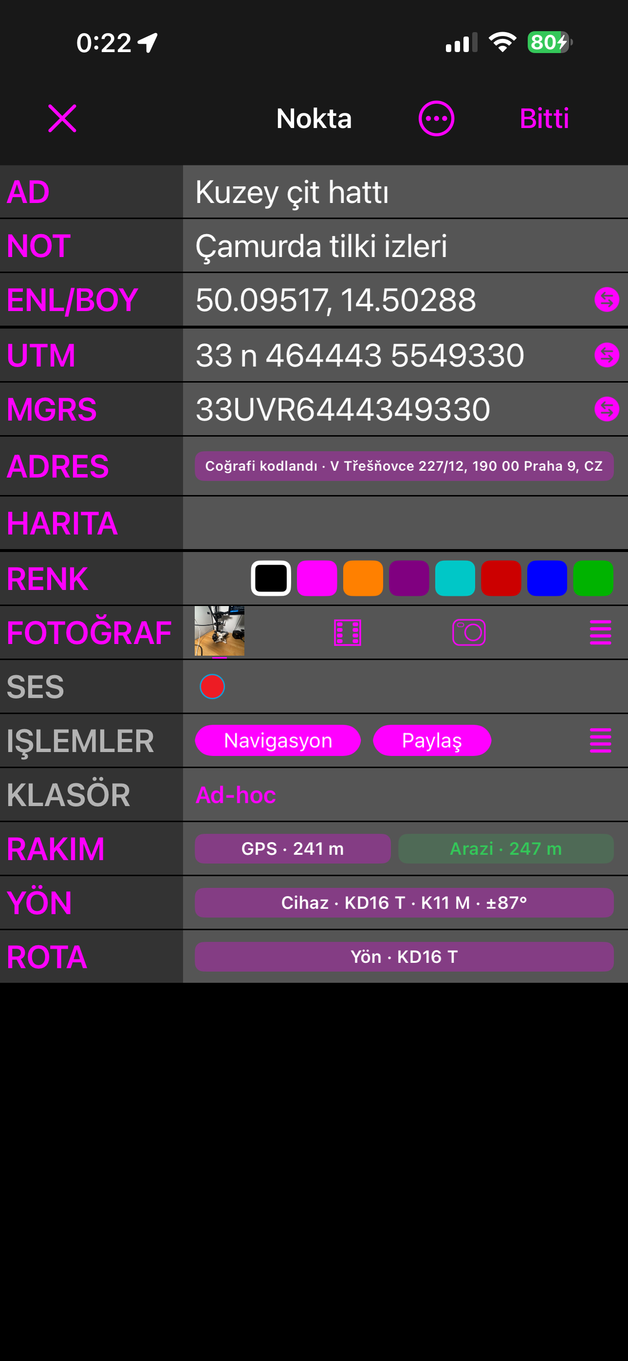 Nokta düzenleyici Gelişmiş görünümde, listenin sonunda Yükseklik, Yön ve Rota ile
