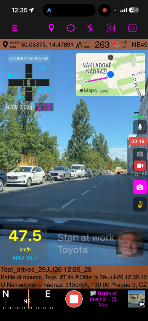 Active video recording with the Stop button, microphone, take-photo control, Loop indicator, Map, Speed, G-Cross, and Watermark