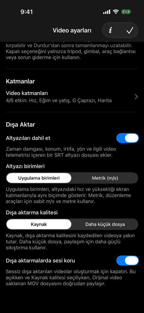 Video katmanları ve altyazı, kalite ve ses dışa aktarma ayarları
