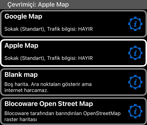 “Haritalar” listesi: Google Map, Apple Map, Blank map ve önbellek boyutu ile karo sayısını gösteren Blocoware Open Street Map