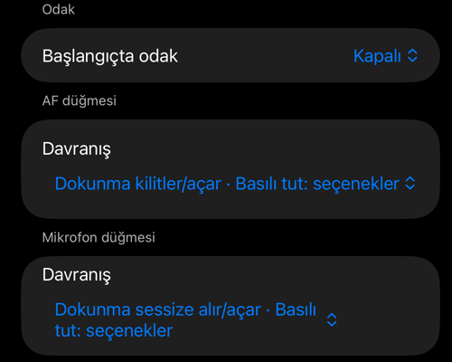 Vizör denetimleri ayarlarındaki «Odak», «AF düğmesi» ve «Mikrofon düğmesi» bölümleri