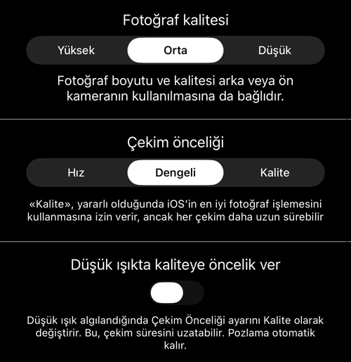 Fotoğraf kalitesi, çekim önceliği ve az ışık anahtarı