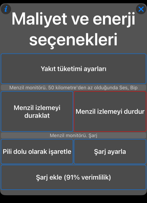 EV şarj işlemi menüsü