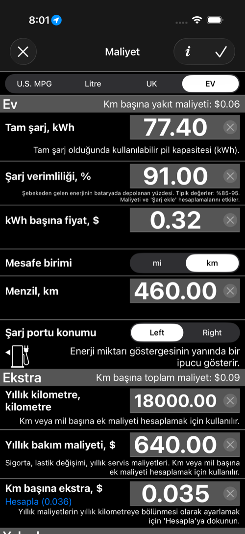 EV maliyet ayarları ekranı