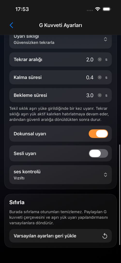G Kuvveti ayarlar ekranı