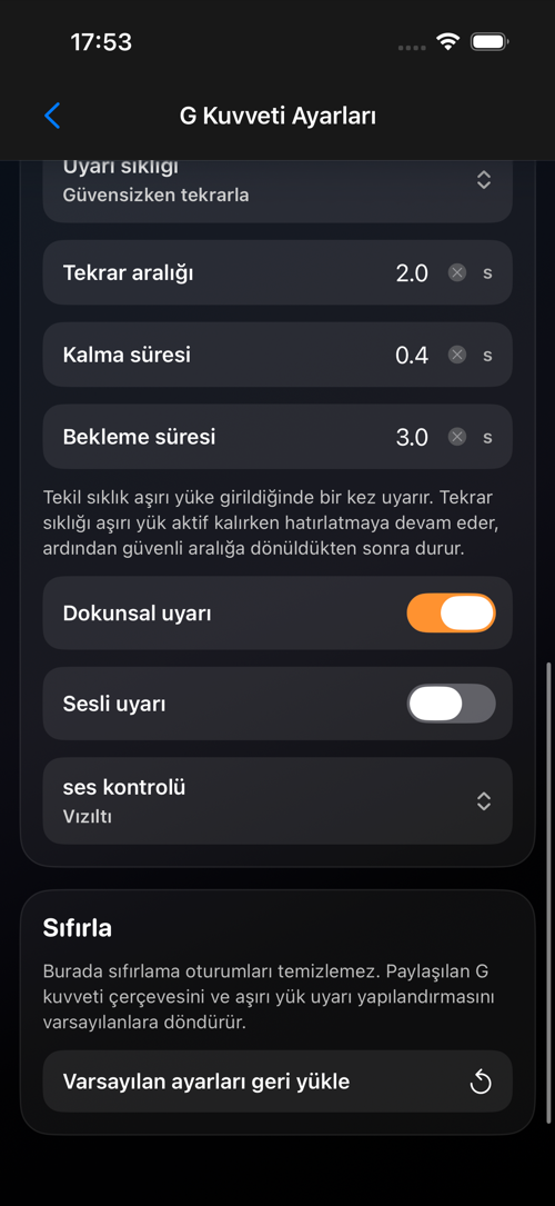 G Kuvveti ayarlar ekranı