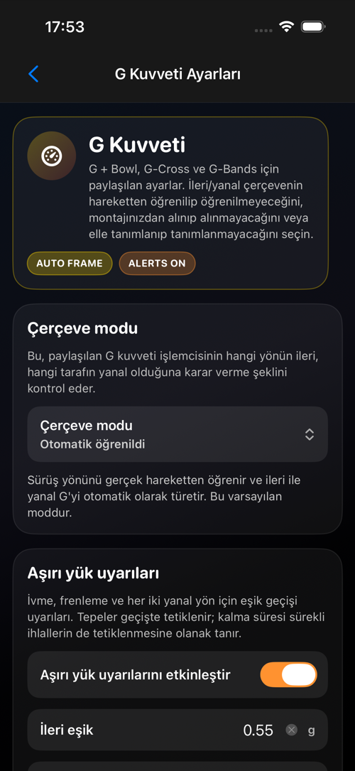 G Kuvveti ayarlar ekranı