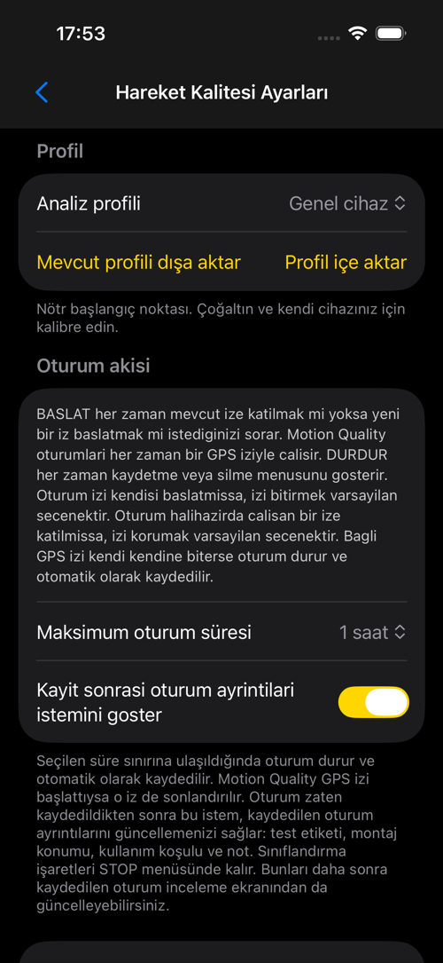 Hareket Kalitesi ayarlar ekranı