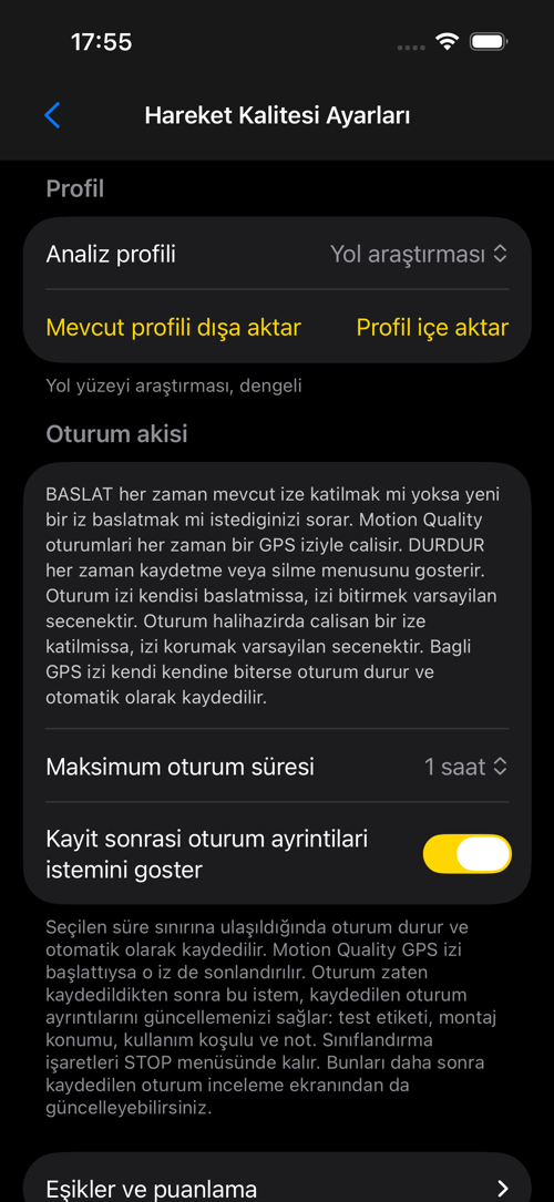 Yol Araştırması ayarlar ekranı